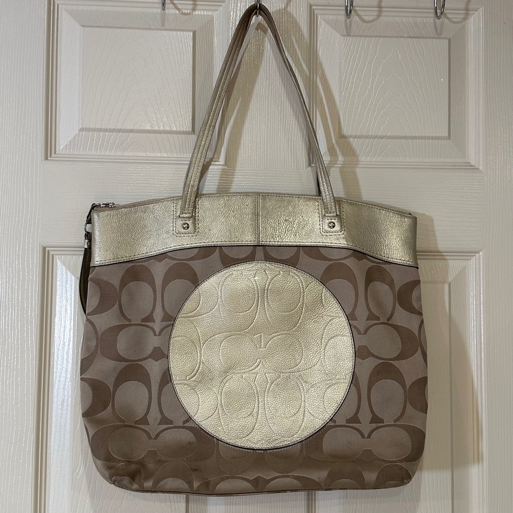Coach Signature Canvas Tote Bag Khaki Champagne Gold Metallic